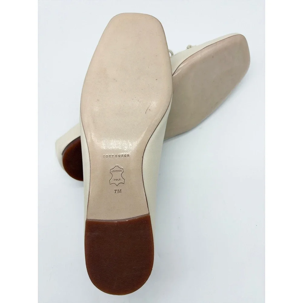 Tory Burch Woven Leather Ivory Charm Loafers Square Toe Flats Bow Detail Size 7